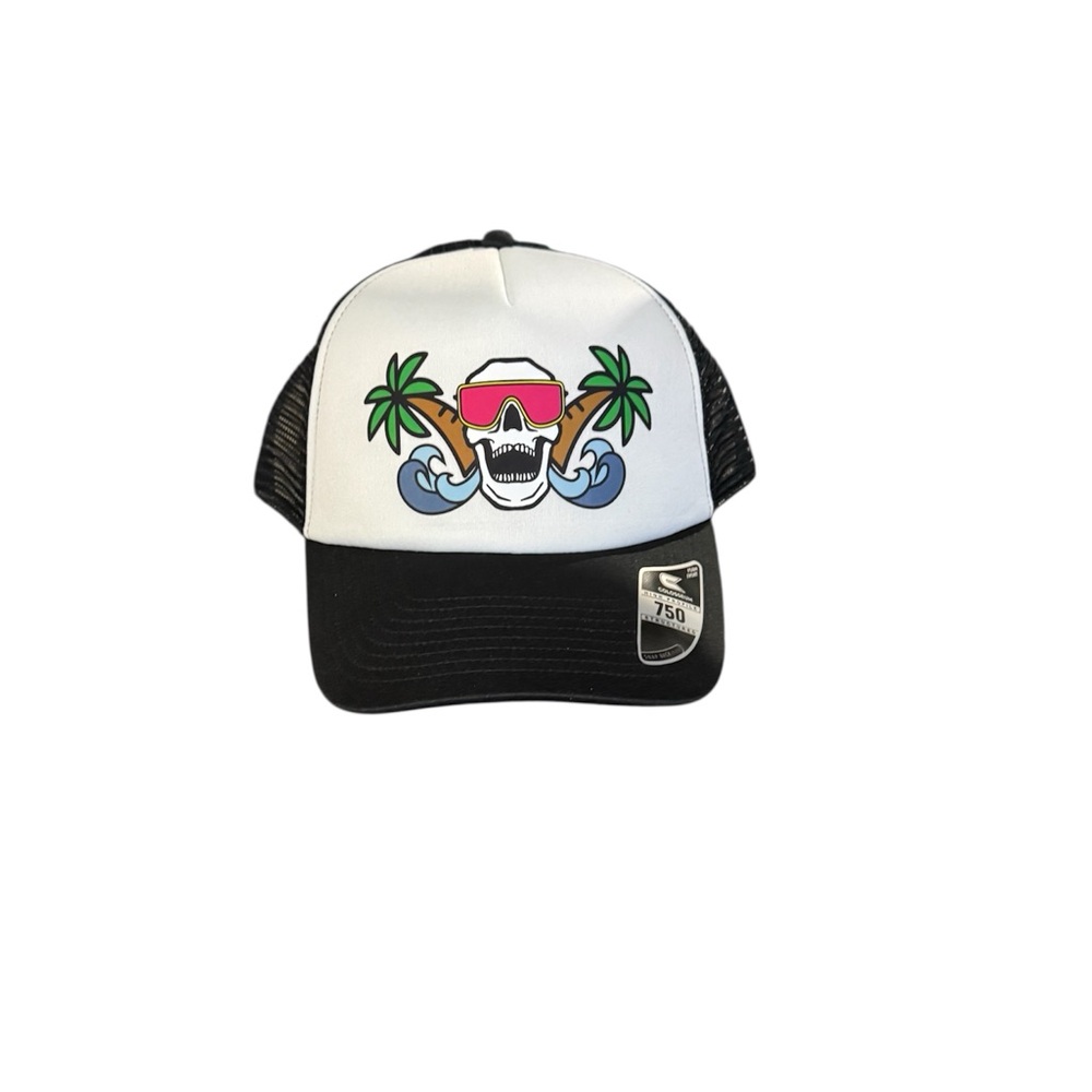 Colosseum Skull Palm Tree Trucker Hat Black White Adjustable